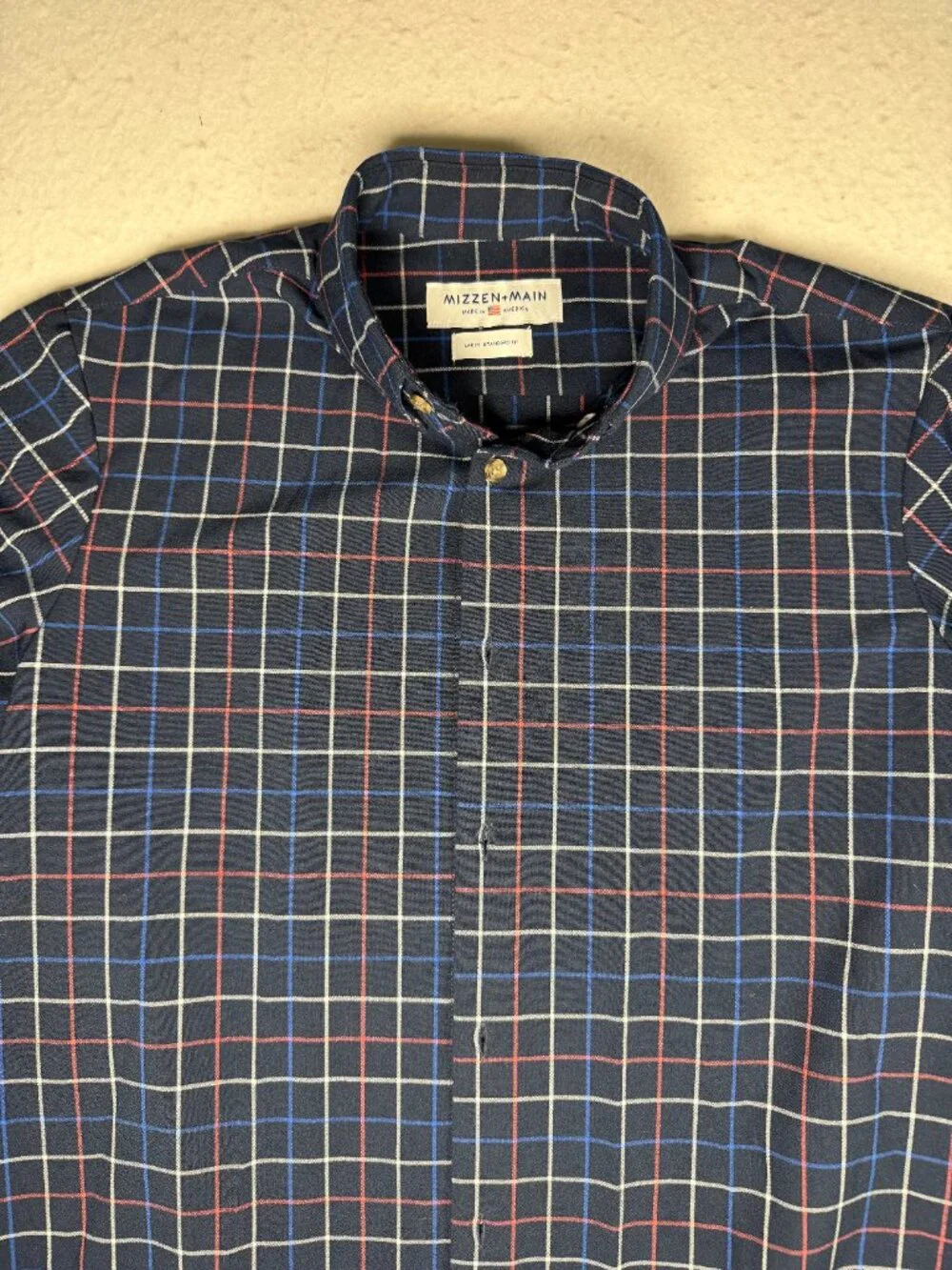 Mizzen + Main Men's Shirt Large Standard Fit Navy Blue Plaid Performance EUC